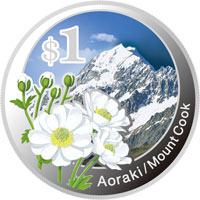 「アオラキ／マウント・クック」1ニュージーランド・ドル記念銀貨幣（裏）の画像